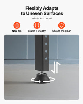 VEVOR workbench rubber feet stabilize it on uneven floors.