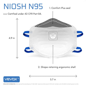 VEVOX N95 mask with adjustable nose bridge for seal.