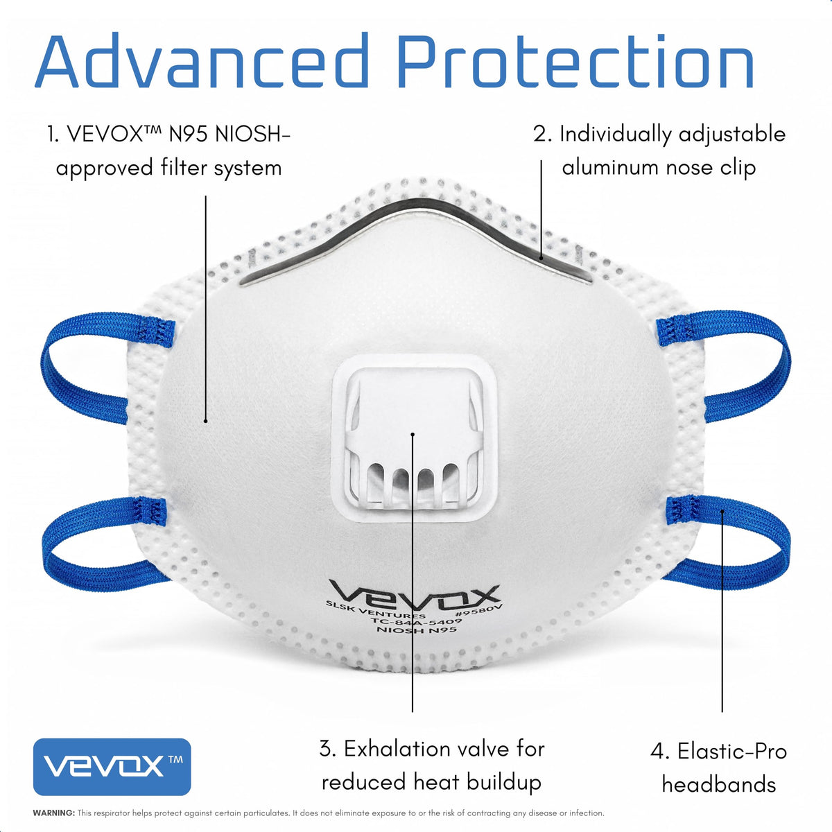 VEVOX N95 mask worn with Comfort-Plus seal for a secure, comfortable fit.