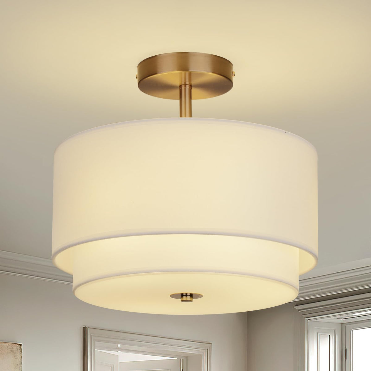 Vexagyle gold drum ceiling light with 12.6-inch diameter for balanced overhead illumination