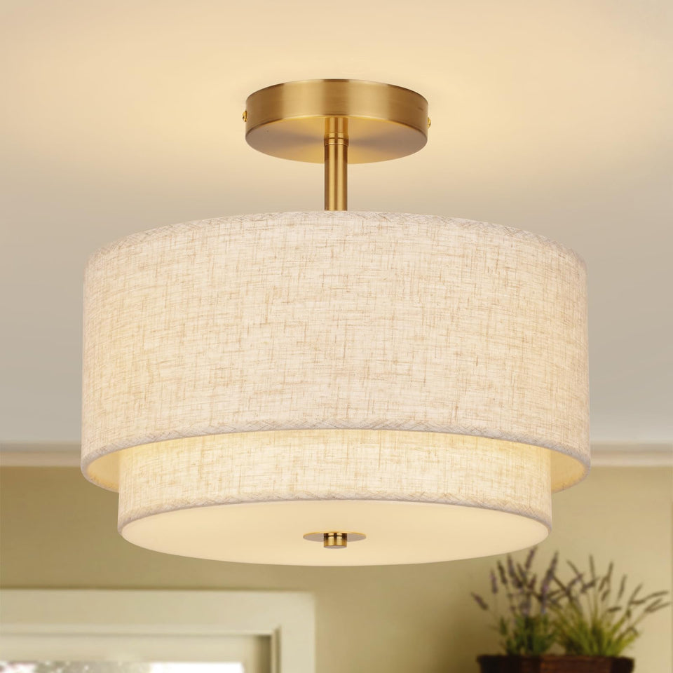 Vexagyle semi-flush mount fixture with drum shade for balanced ambient light