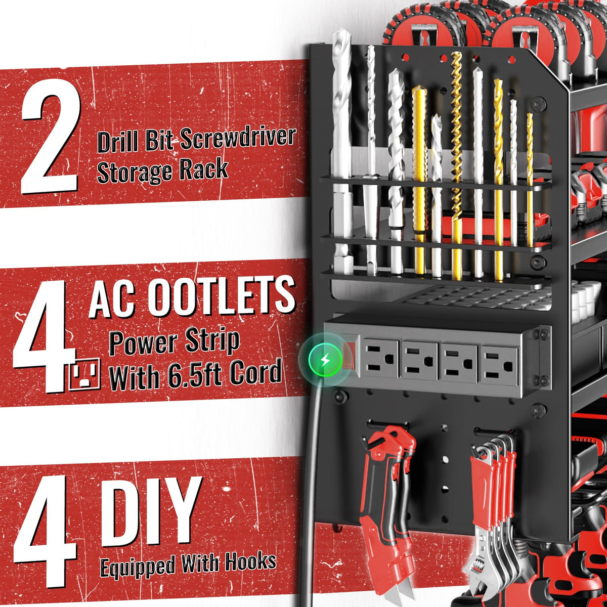 VeyFolzin.st eight cordless drill holders in bottom tier maximize tool capacity.