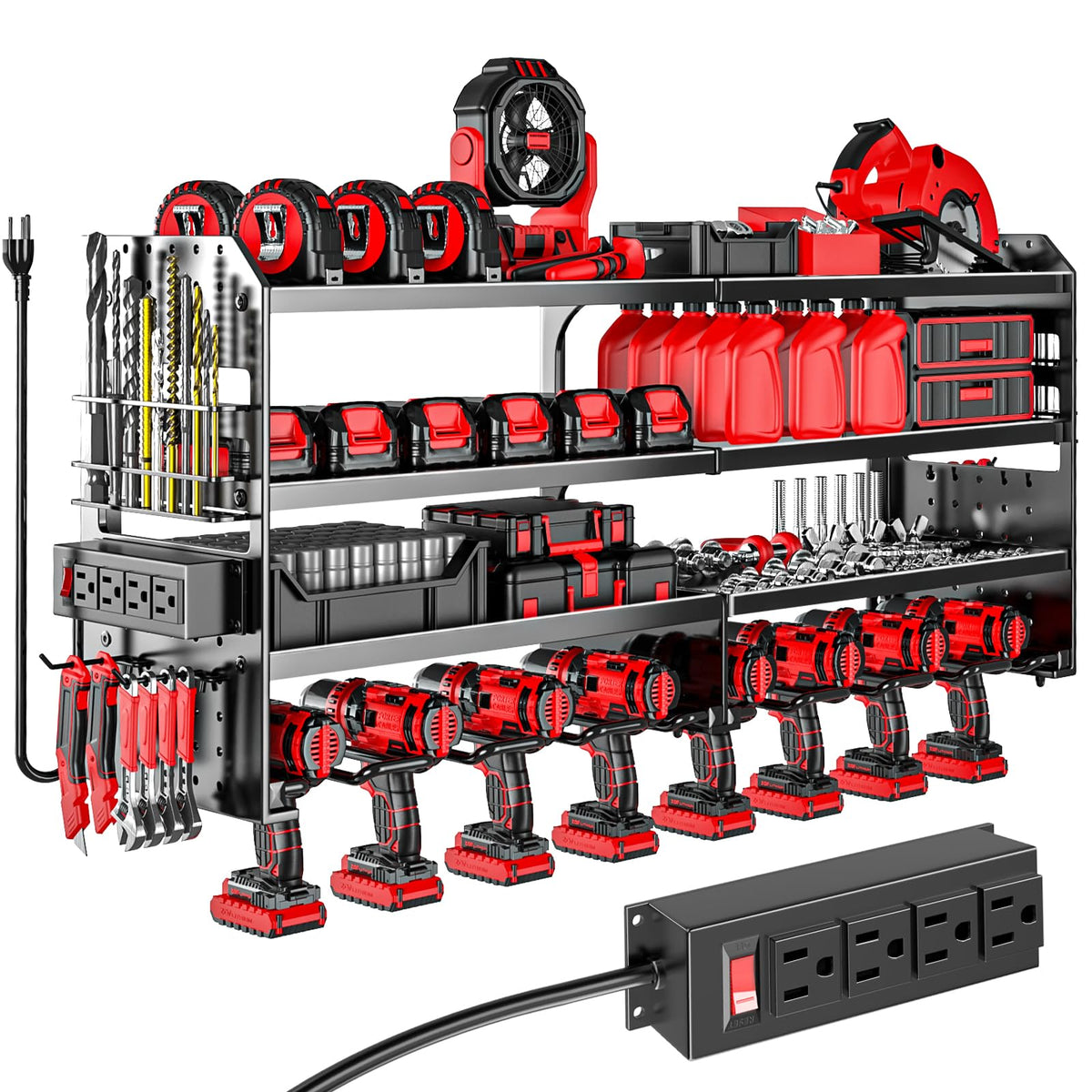 VeyFolzin.st large power tool organizer wall mount with four layers for organized workshop storage.