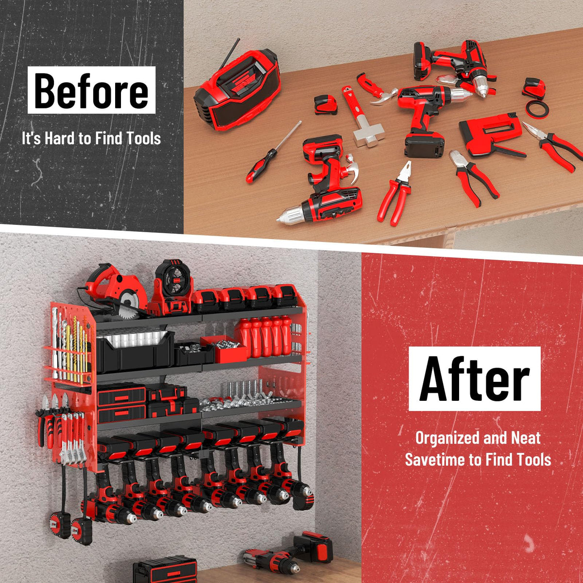 VeyFolzin.st wall-mounted shelf keeps workshop accessories organized and within easy reach