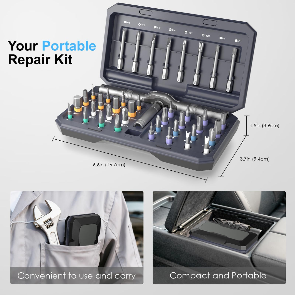 VEYSMOU precision bits include PH, SL, Torx, Hex for diverse tasks