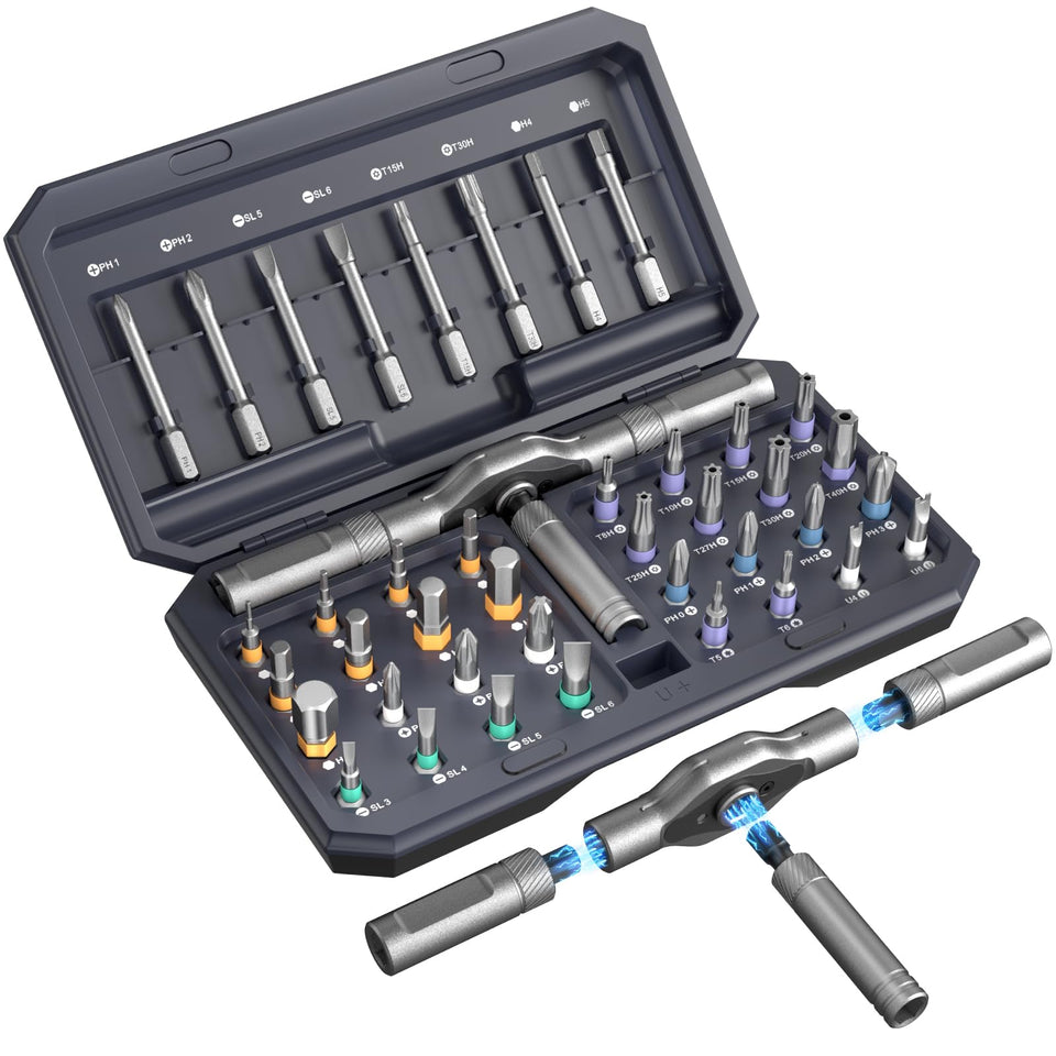 VEYSMOU 42-in-1 magnetic screwdriver set with ratchet handle for quick assembly tasks