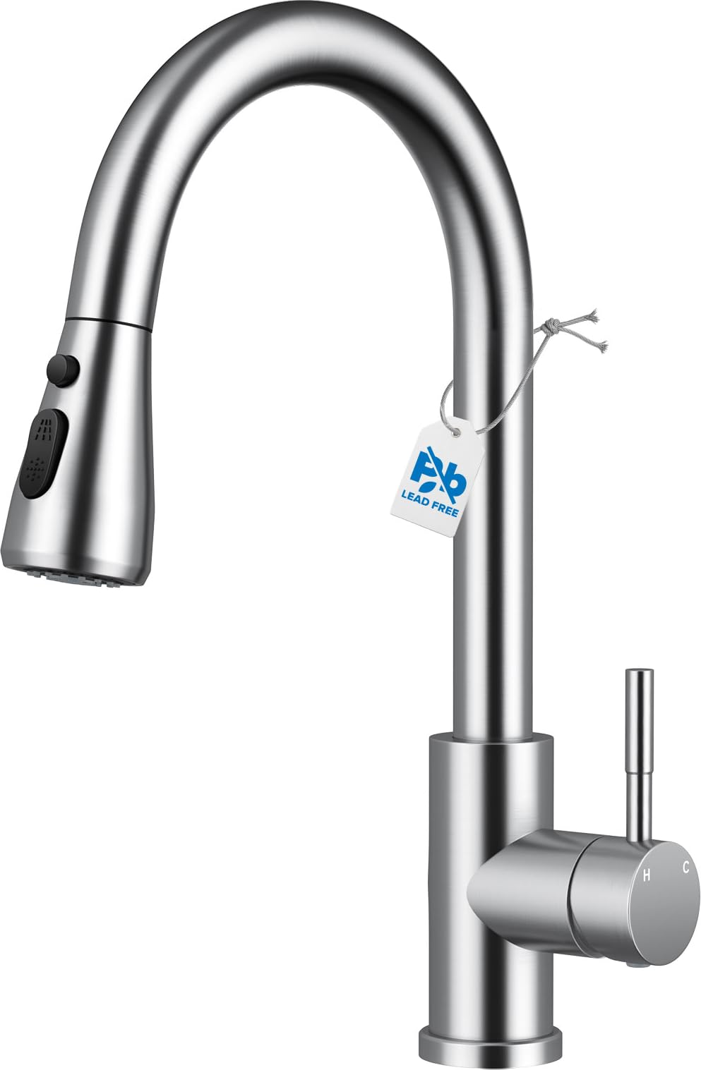 VFAUOSIT brushed nickel high-arc kitchen faucet with pull-down sprayer for easy control.