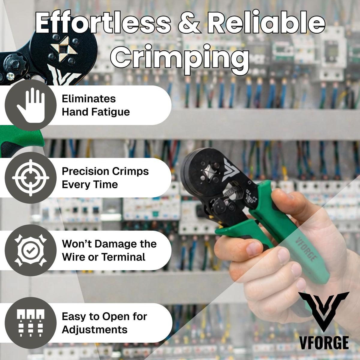 VFORGE crimping tool ratchet mechanism close-up ensures consistent crimps.