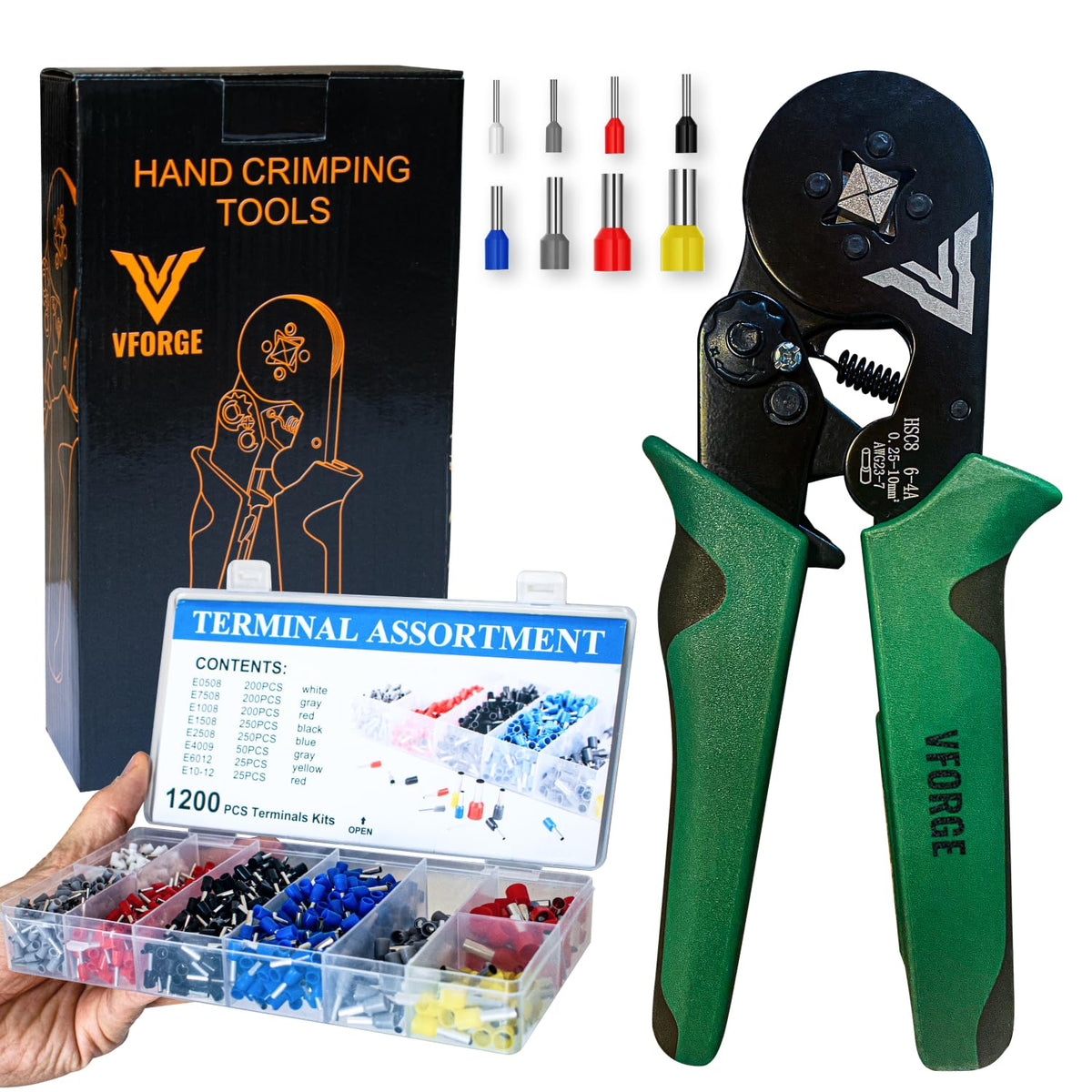 VFORGE ferrule crimping tool kit front view for precise crimps in electrical wiring.