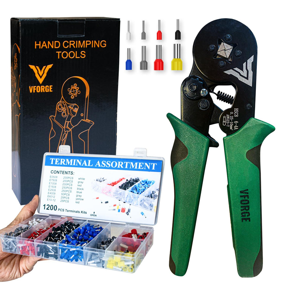 VFORGE ferrule crimping tool kit front view for precise crimps in electrical wiring.