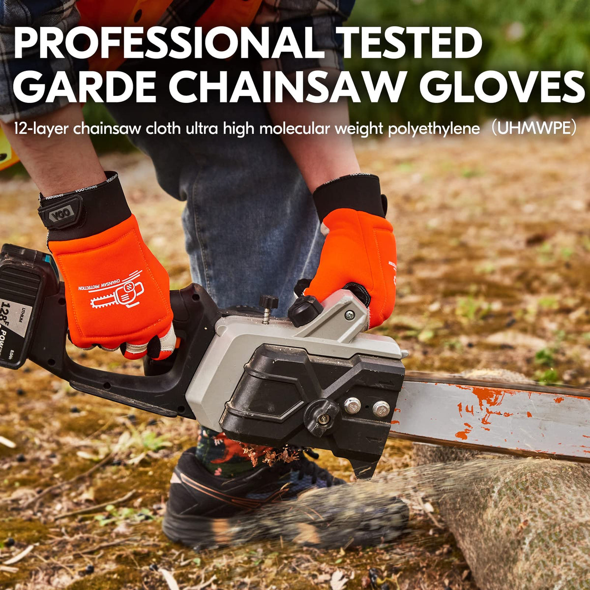 Neoprene cuff and hook-and-loop closure on Vgo chainsaw gloves for a secure fit