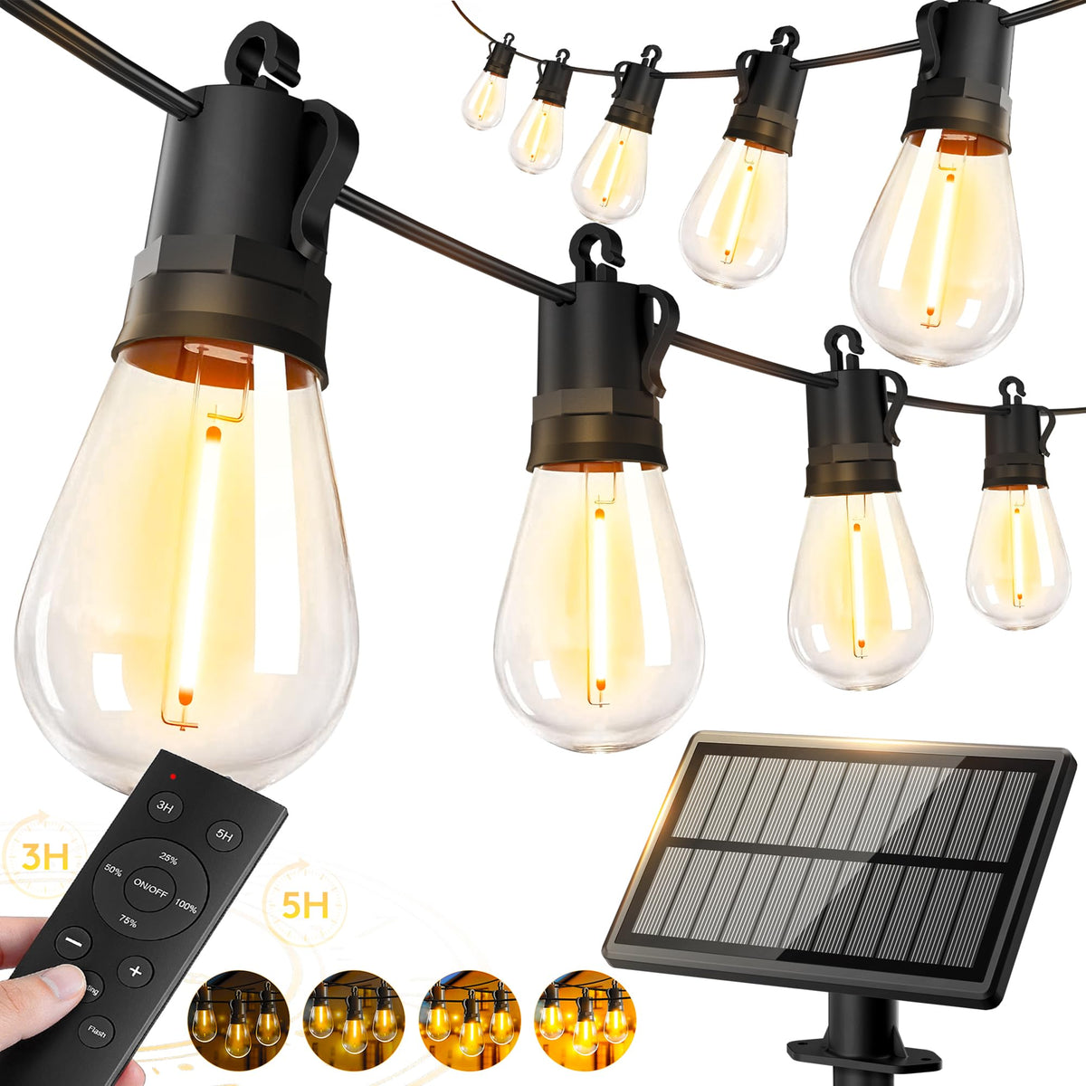VGUXG 65ft solar-powered outdoor lights illuminate a large patio at night