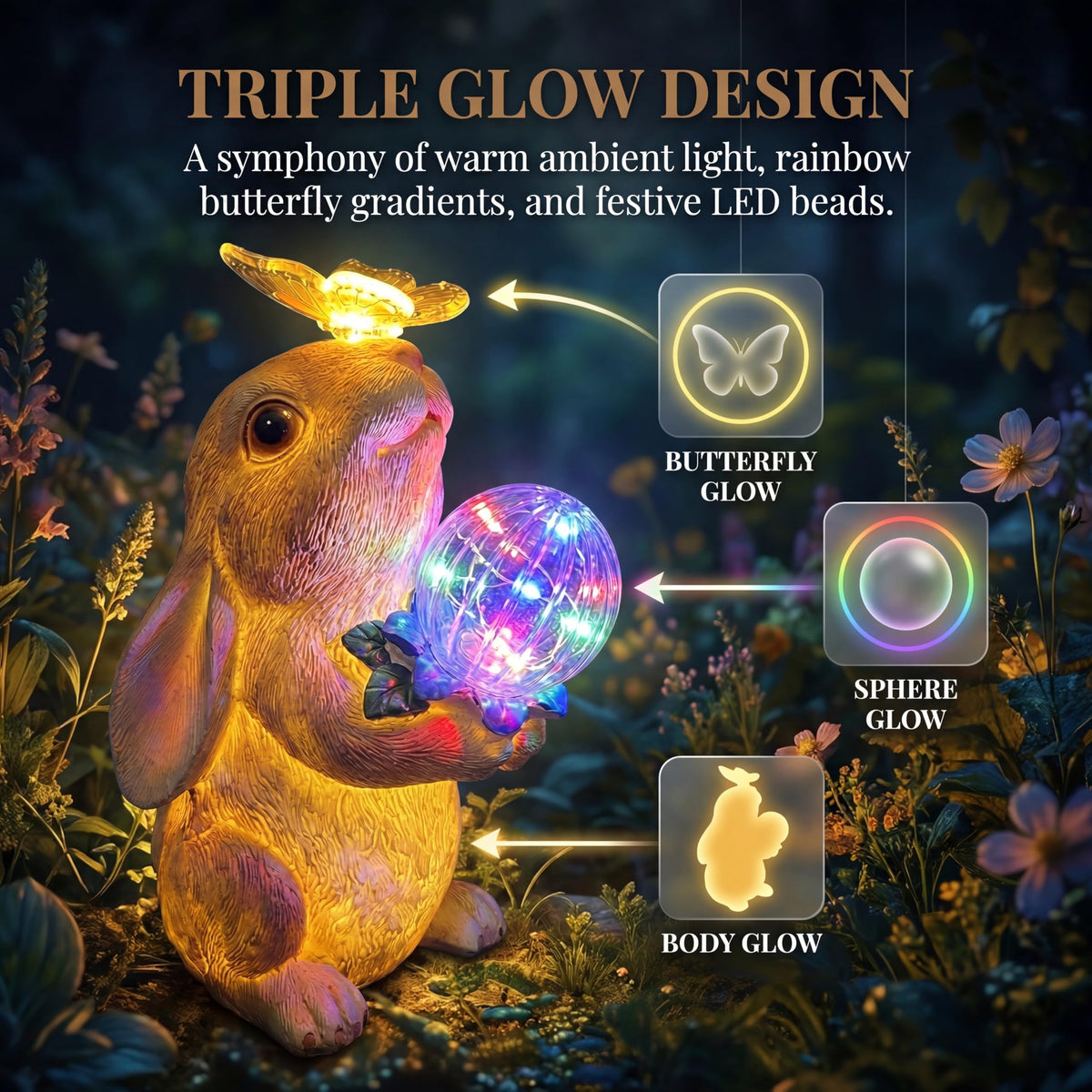VGYVGYCC Multicolor LED orb in the bunny statue creates a dreamy glow.