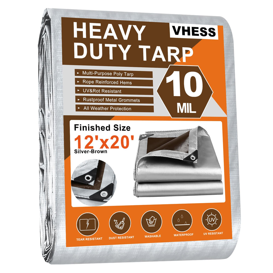 VHESS heavy-duty tarp 12x20 cover shielding items from sun and moisture.