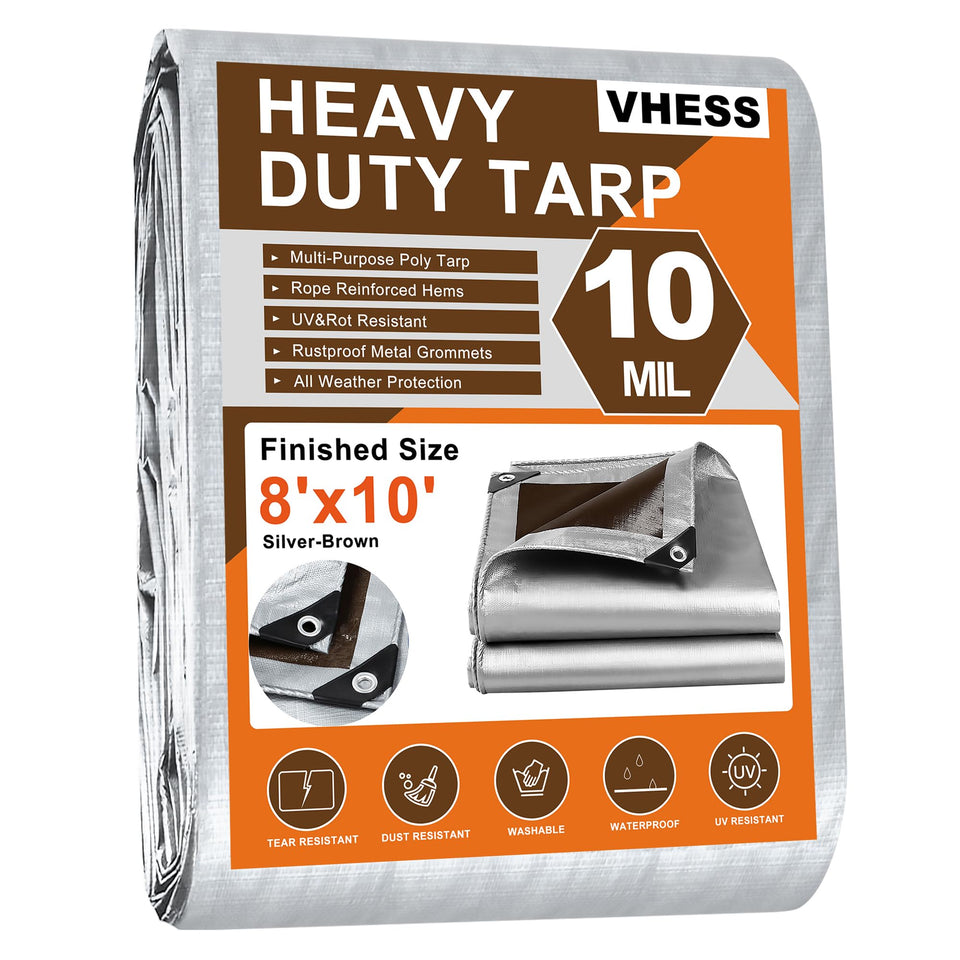 VHESS heavy-duty tarp 8x10 cover shows rugged seams for reliable outdoor protection.