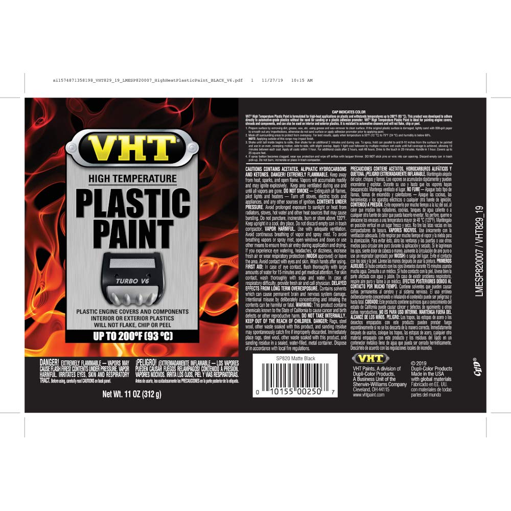 VHT Duplicolor ESP820007 on engine cover plastic for heat-resistant finish.