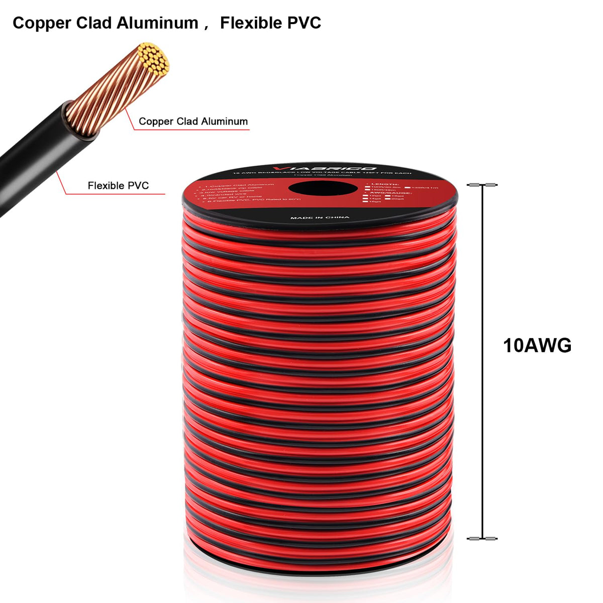VIABRICO 10AWG black conductor on a 100ft spool for low voltage connections.
