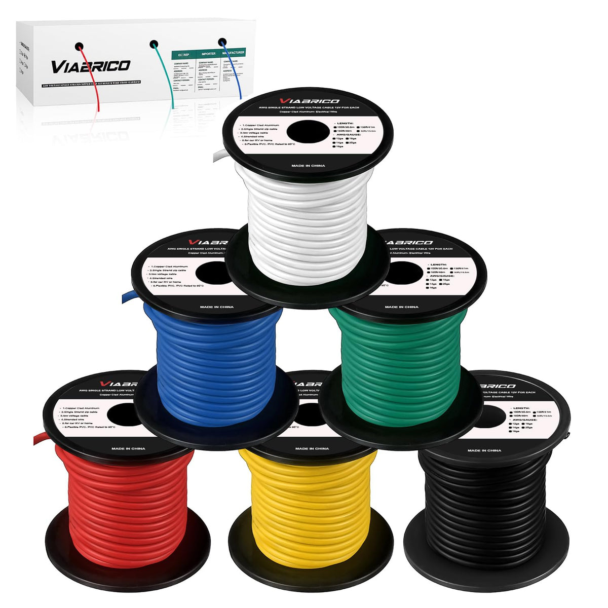 VIABRICO 10ga wire red spool illustrates color-coded insulation for quick polarity identification.