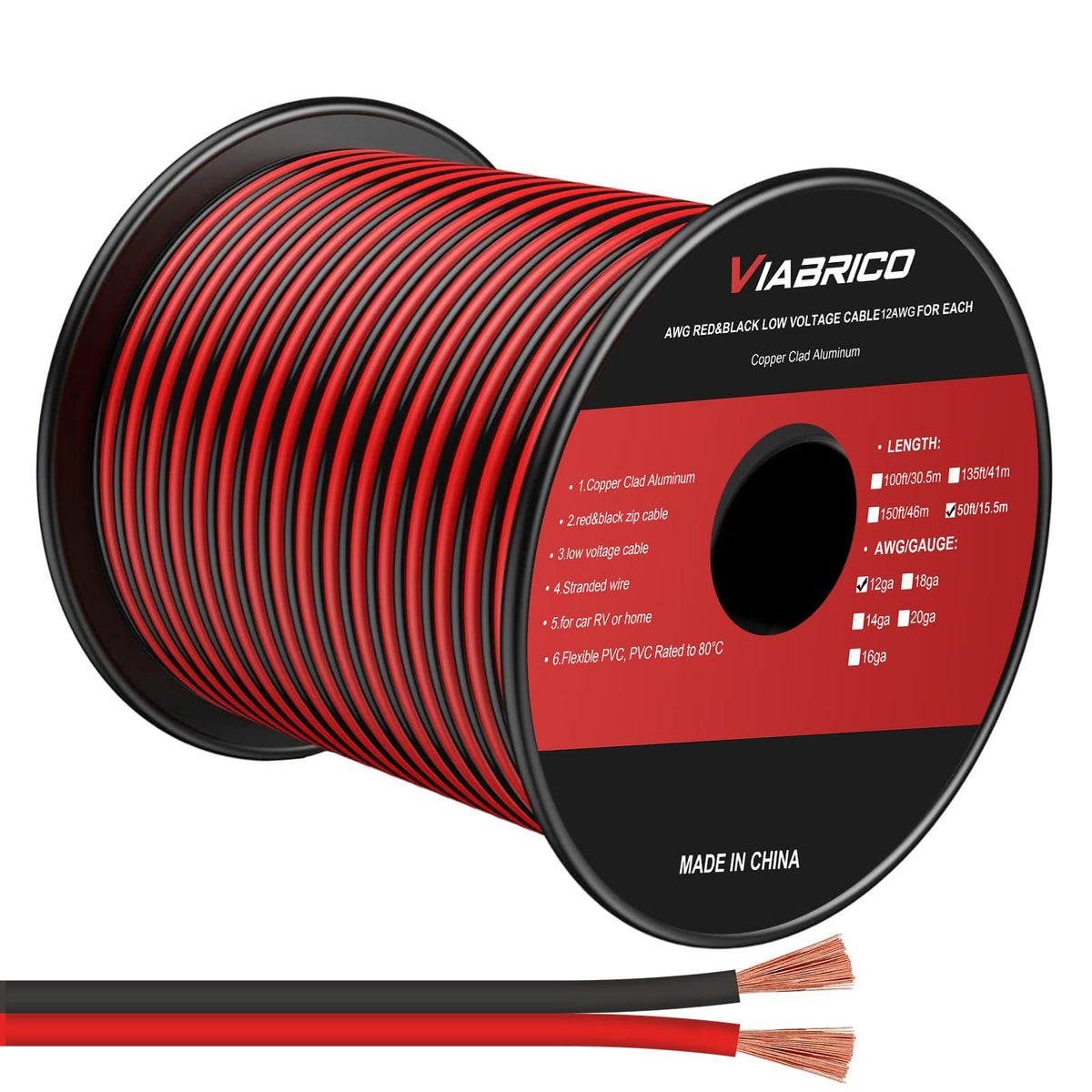 VIABRICO 12G wire on a 50ft spool with red and black conductors for quick polarity identification.