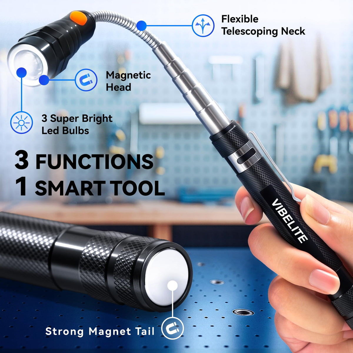 VIBELITE flashlight casting 360-degree illumination around obstacles