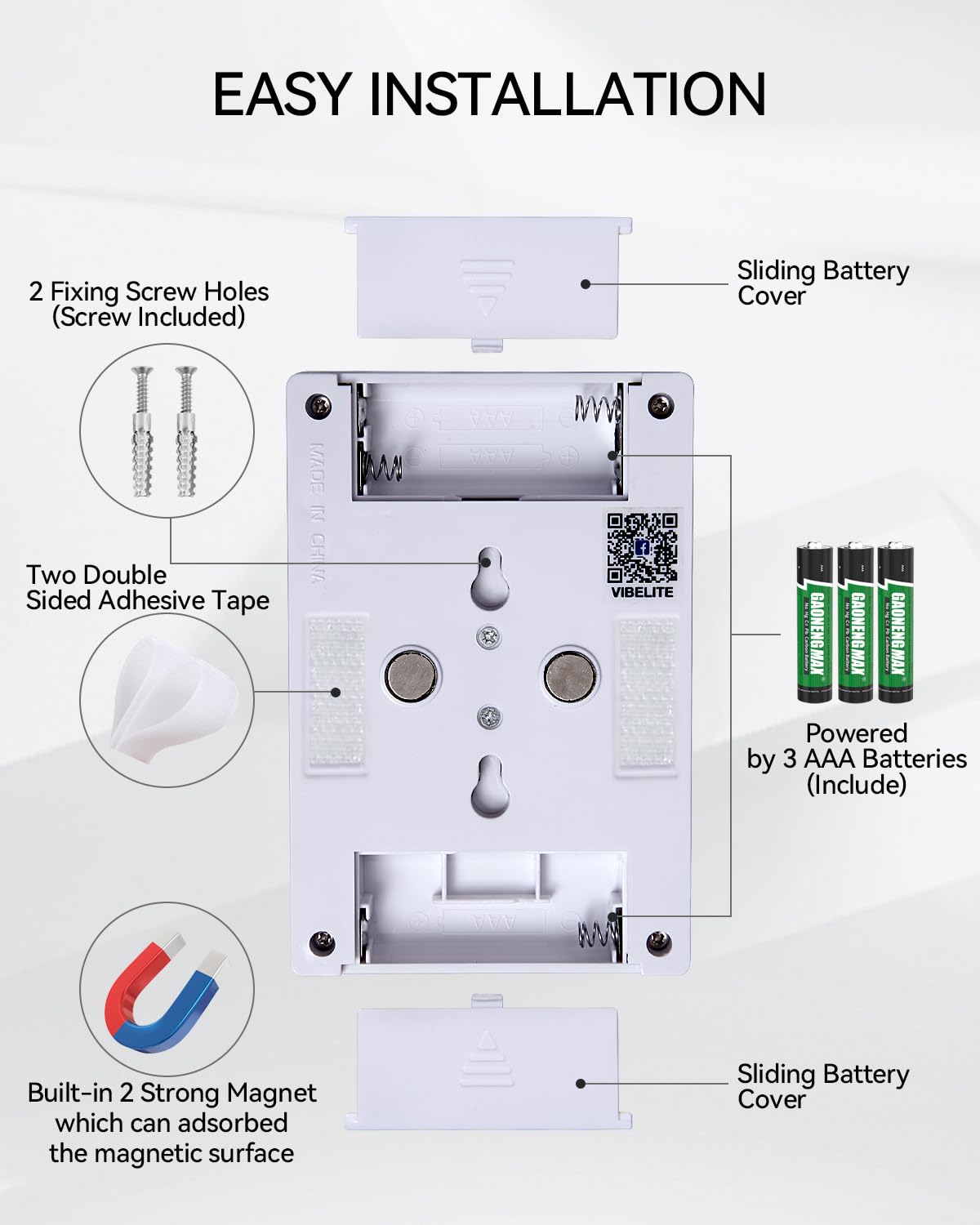 VIBELITE LED Night Light Switch showing magnetic base for easy relocation.