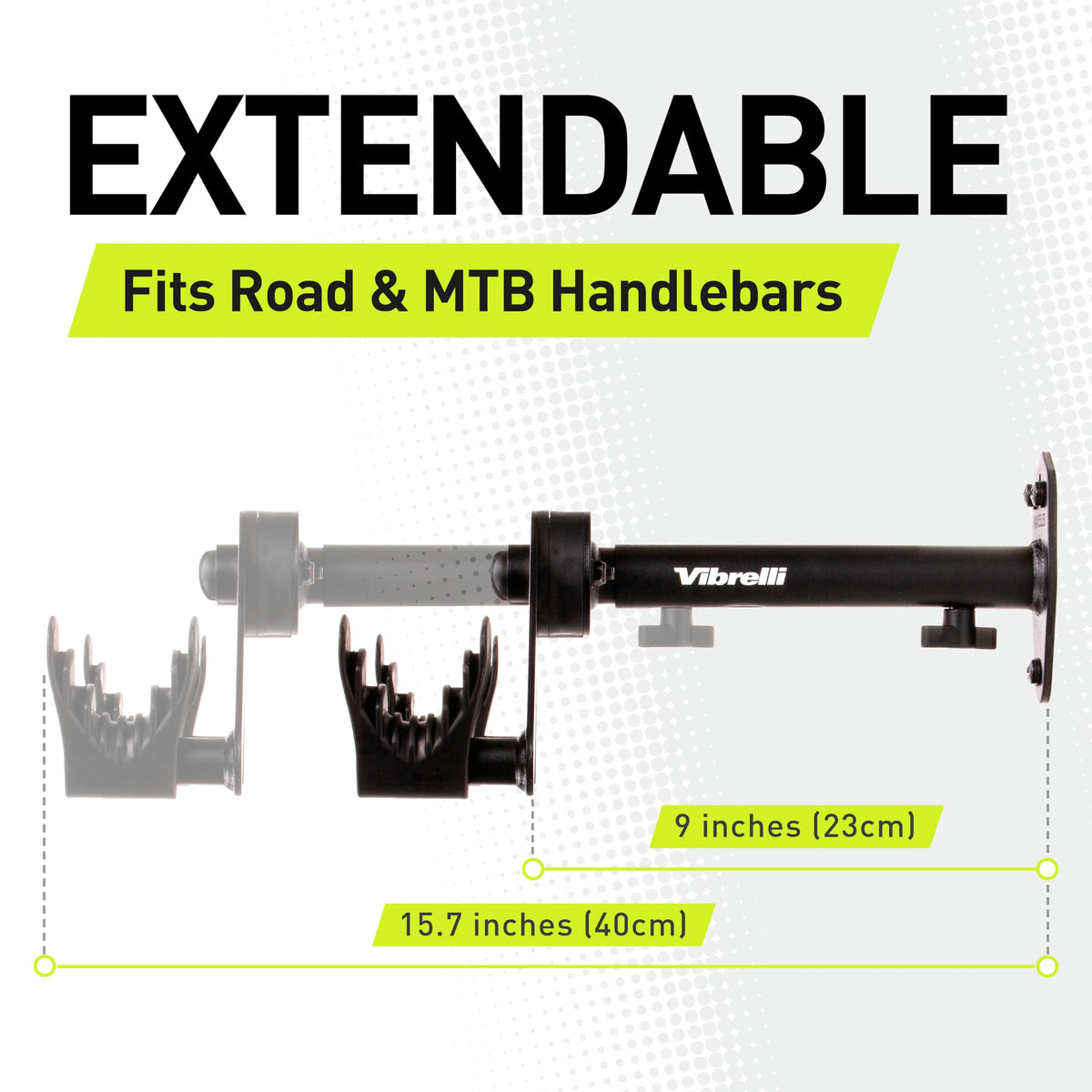 Vibrelli bike wall mount compatible with road, mountain, and hybrid bikes.