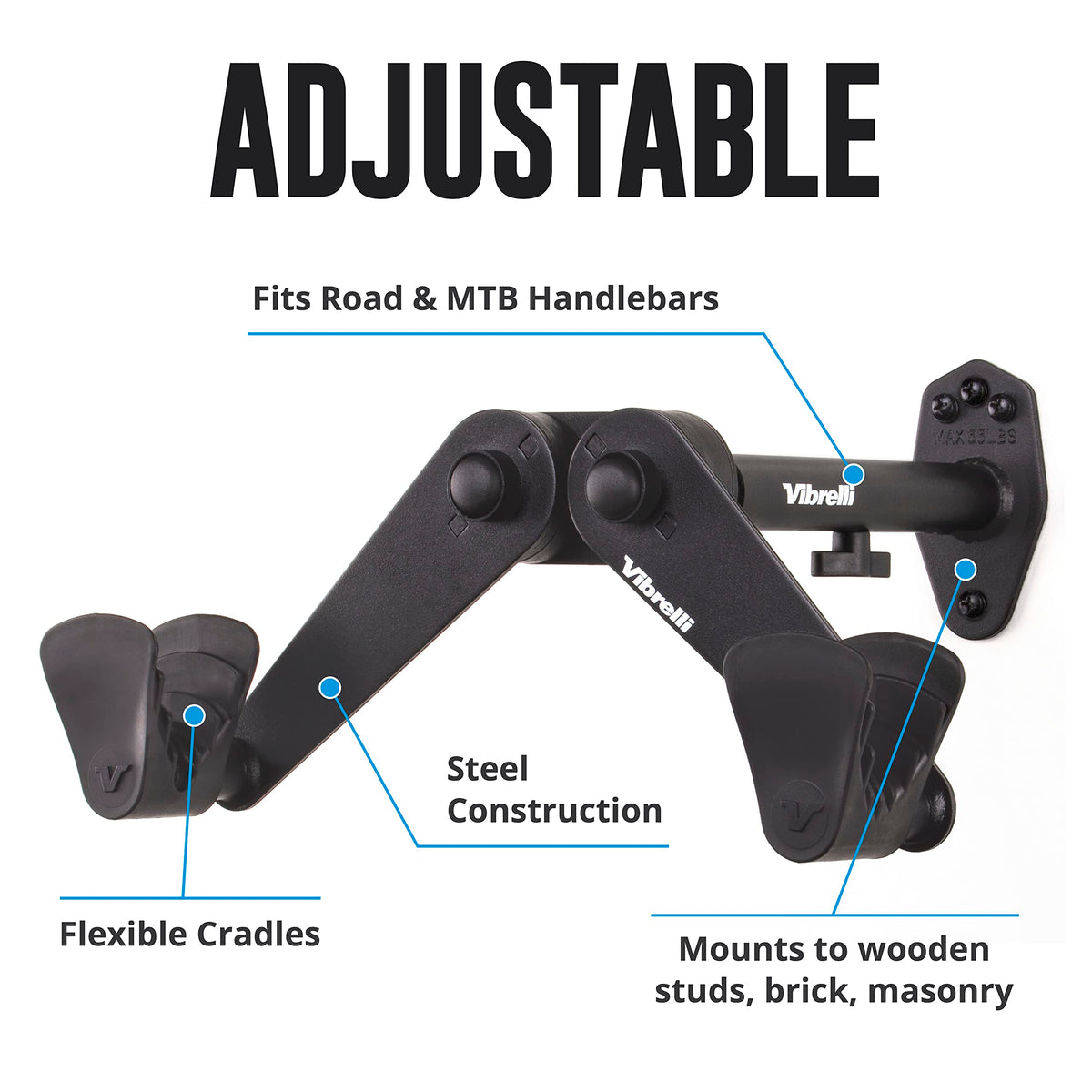 Patented push-button arm adjustment on Vibrelli rack fits diverse frames.