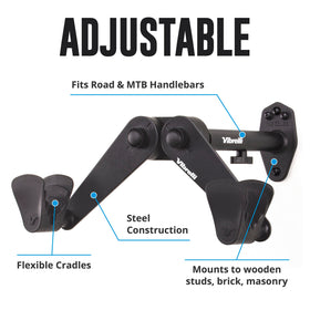 Patented push-button arm adjustment on Vibrelli rack fits diverse frames.