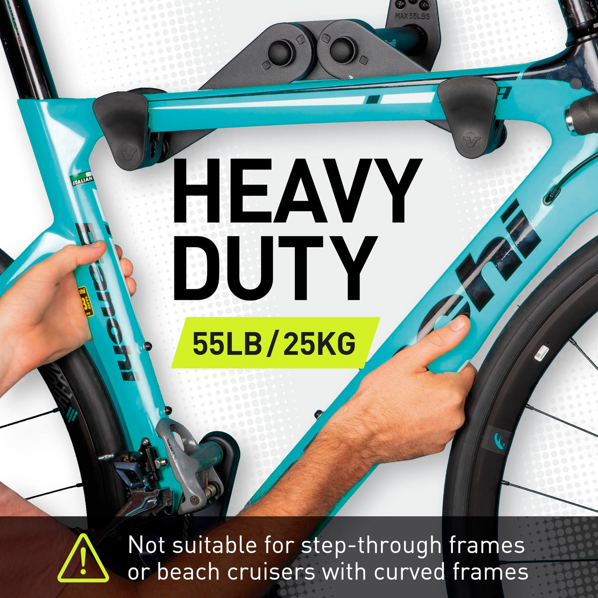 Close-up of adjustable arms on Vibrelli wall mount fitting different frame widths.