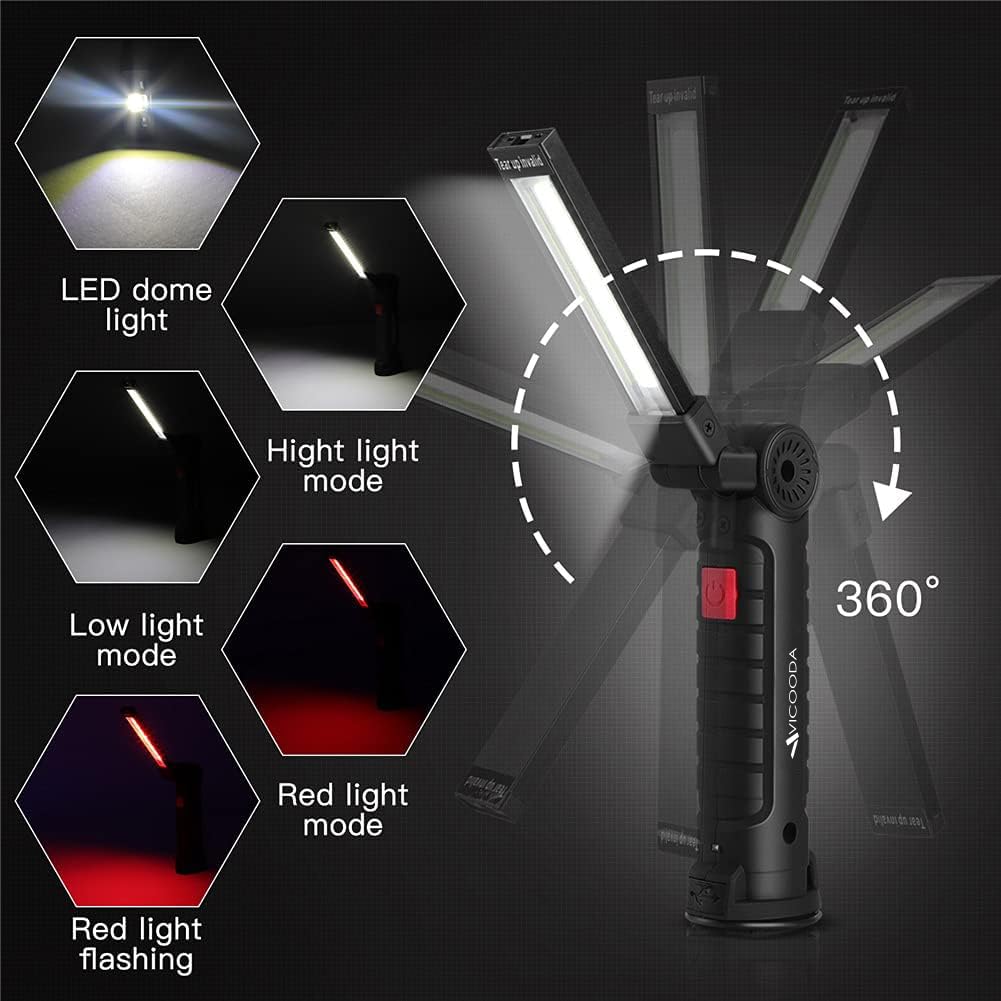 VICOODA LED work light charging via USB-C for quick power-ups.