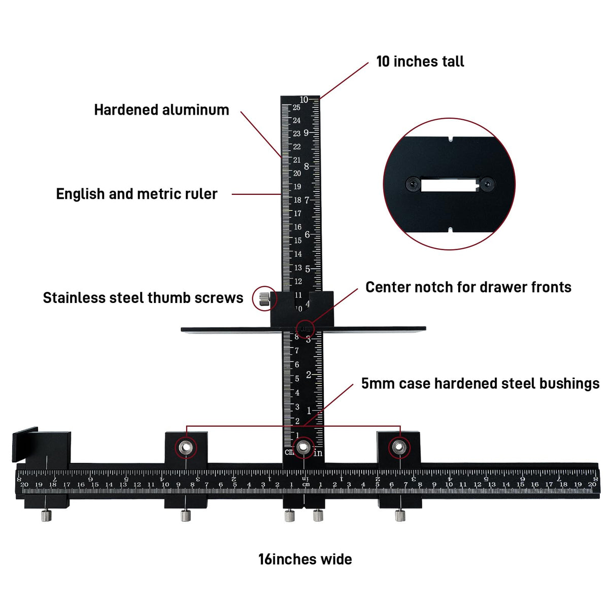 Vicrays cabinet handle jig drill-guide closeup shows hardened bushings for many holes.