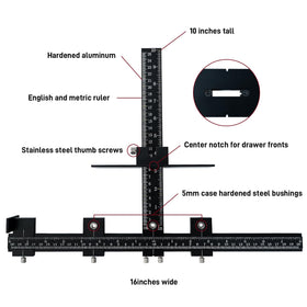 Vicrays cabinet handle jig drill-guide closeup shows hardened bushings for many holes.