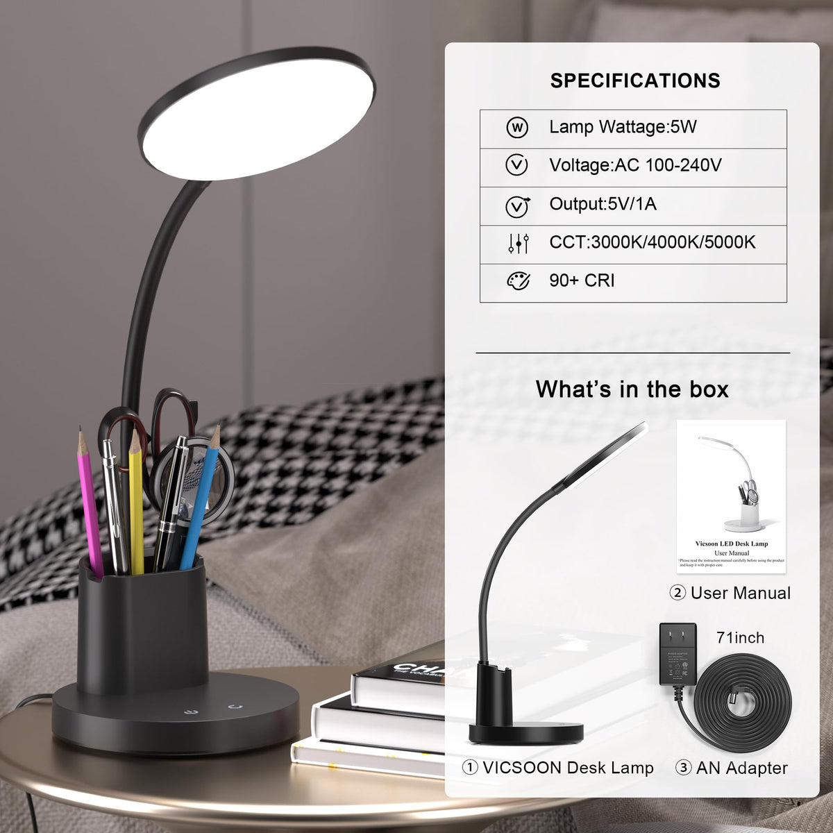 Vicsoon desk lamp high CRI 90+ preserves true colors