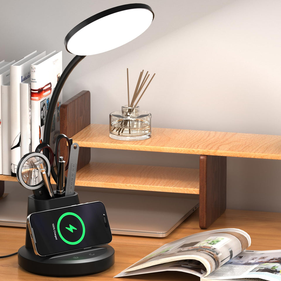 Vicsoon desk lamp with wireless charger demonstrates convenient charging while you work