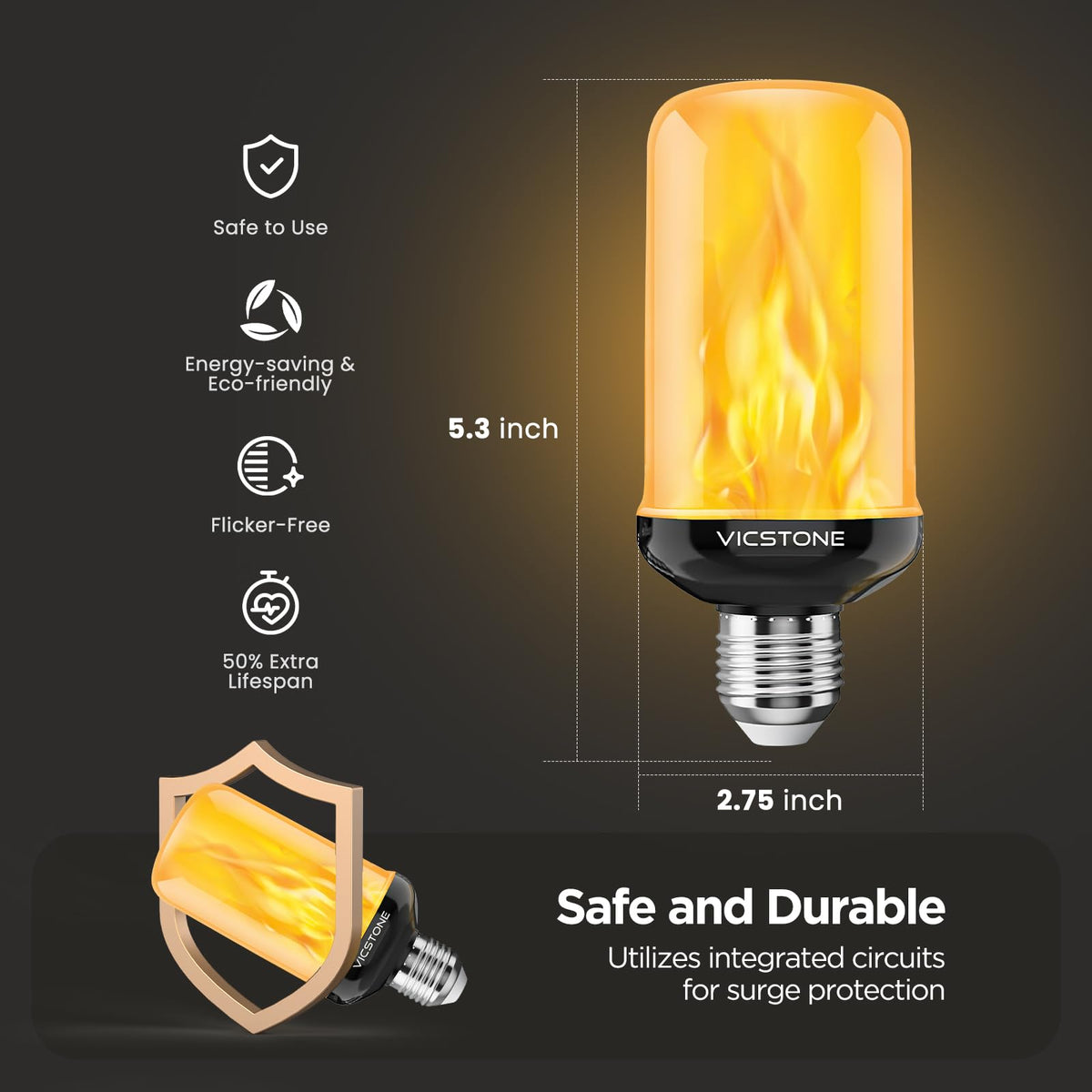 Vicstone flame bulb four modes: flicker, breathing, steady, upside-down mood lighting.