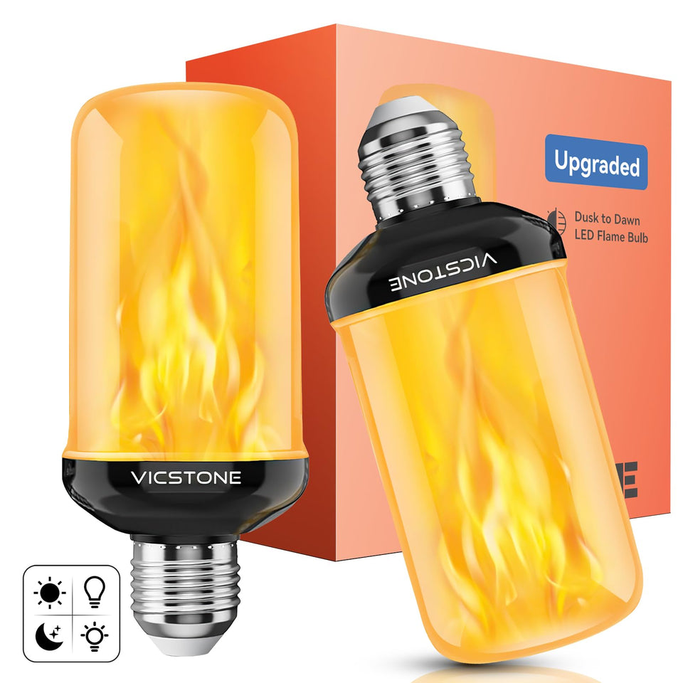 Vicstone upgraded dusk-to-dawn flame bulb close-up for warm porch ambiance.