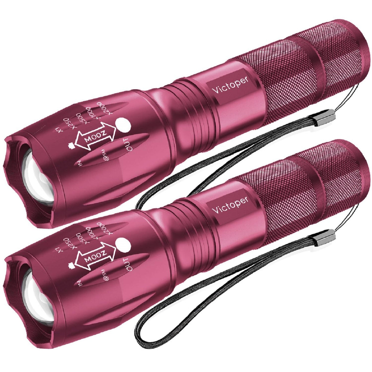 Victoper LED flashlight pink duo pack front view shows compact design for easy camping.