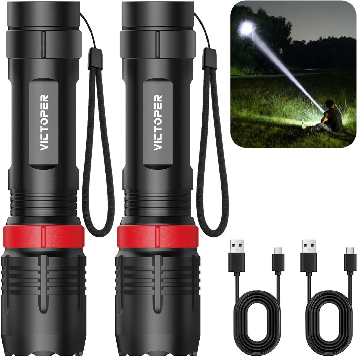 Victoper rechargeable flashlight 2-pack packshot showing versatile outdoor lighting options.