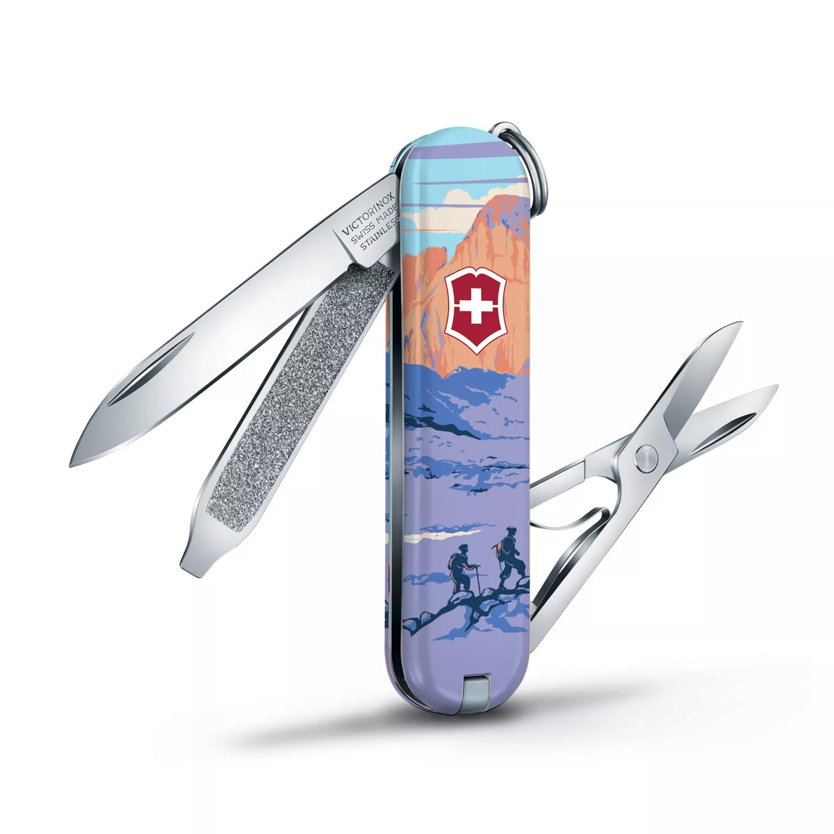 Victorinox Classic SD handle with National Park poster design adding vintage charm.