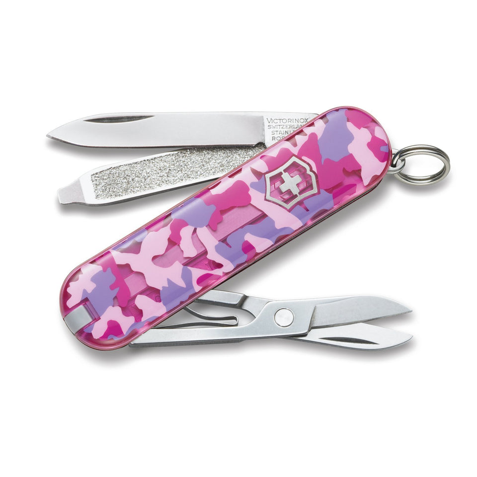 Victorinox Classic SD pink camouflage pocket knife with small blade for everyday tasks.