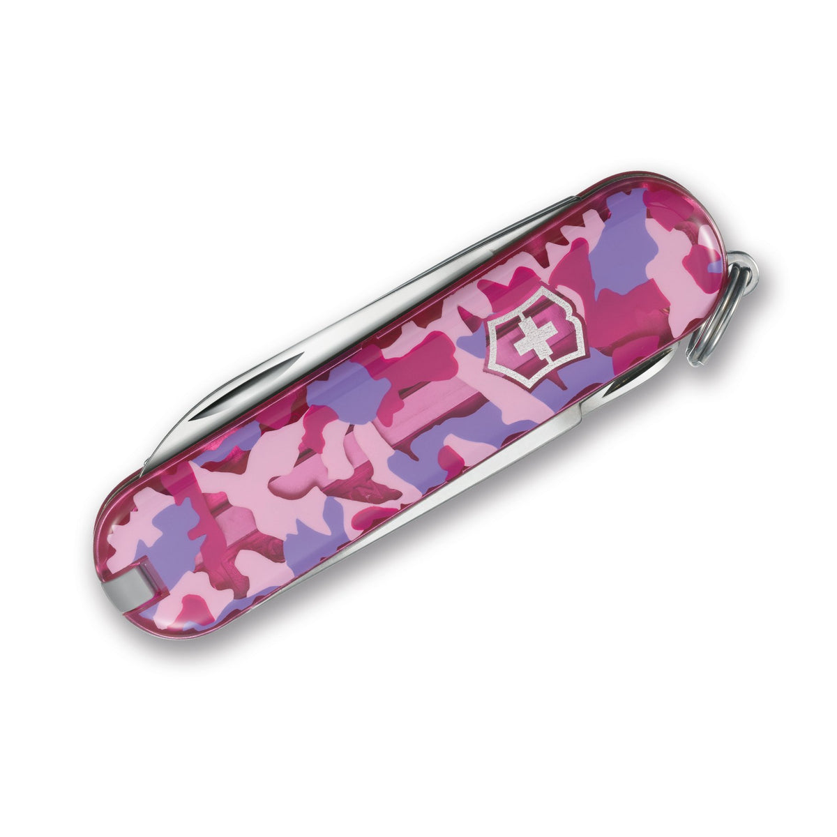 Victorinox Classic SD pink camouflage knife shows compact scissors and screwdriver for quick fixes.