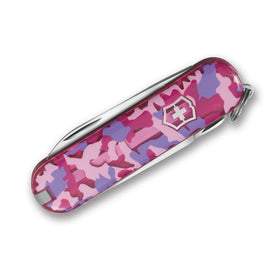 Victorinox Classic SD pink camouflage knife shows compact scissors and screwdriver for quick fixes.
