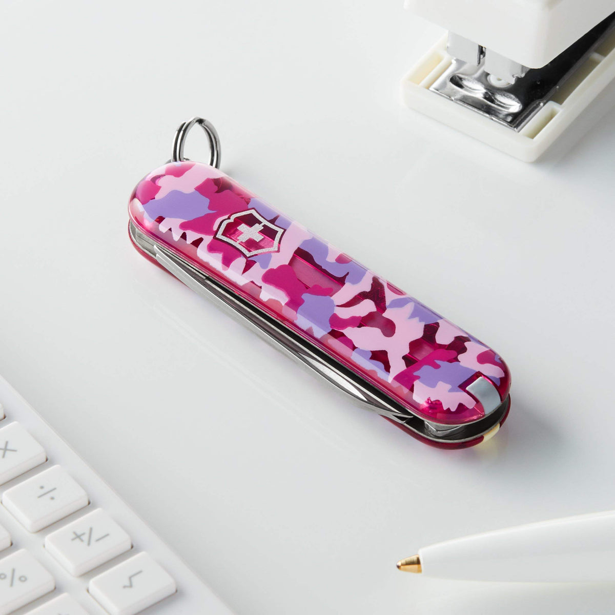Victorinox Classic SD pink camouflage tool with key ring for easy everyday carry.