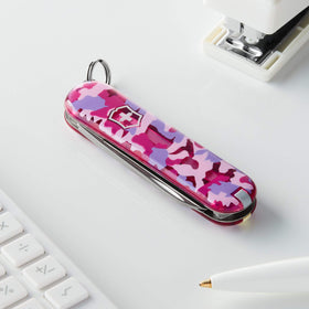 Victorinox Classic SD pink camouflage tool with key ring for easy everyday carry.