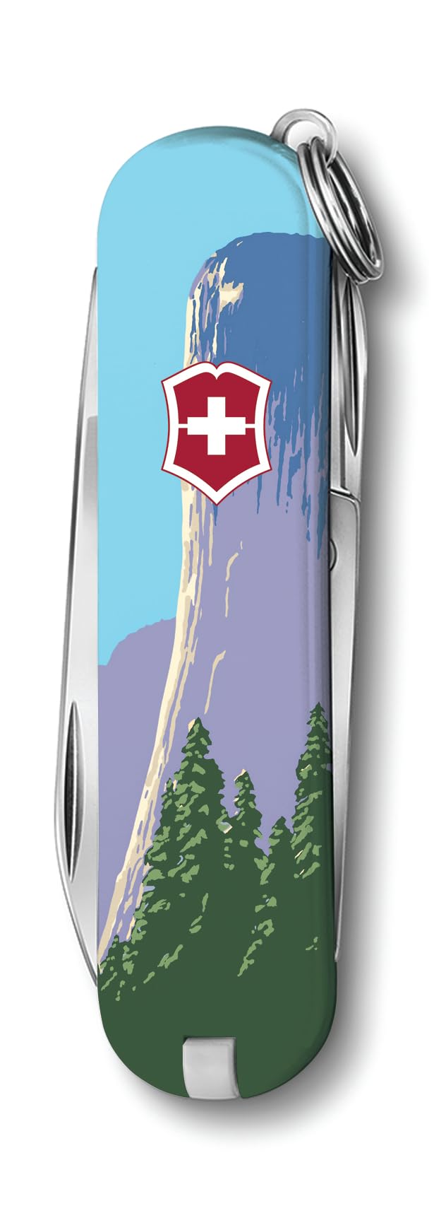 Victorinox Classic SD pocket knife with Yosemite poster handle, ideal for daily carry and quick tasks.