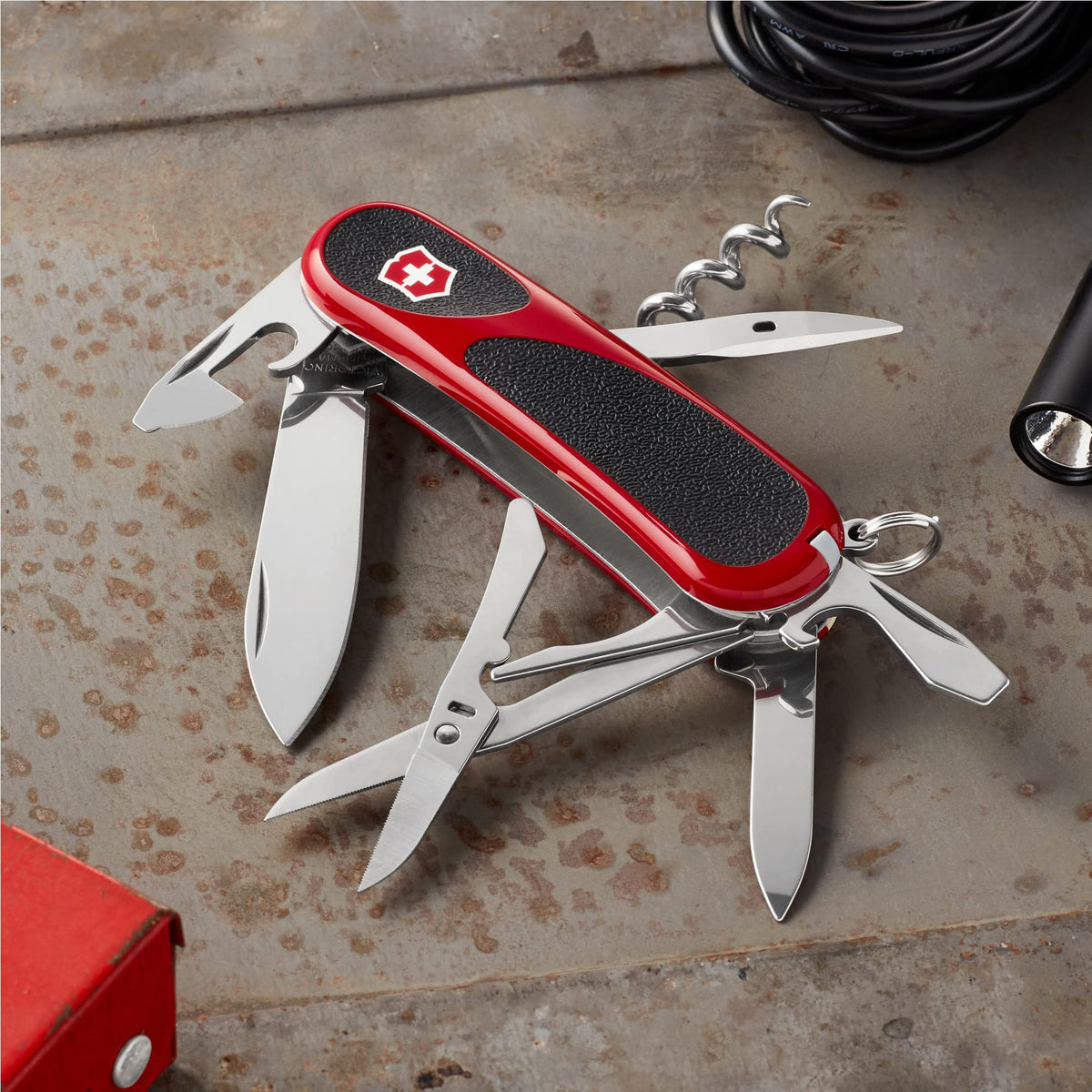 Victorinox Evolution 14 Grip corkscrew in a compact multitool for quick bottle opening.
