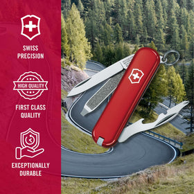 Victorinox Rally red-scale closeup shows slim profile and Swiss craftsmanship.