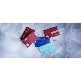 Victorinox Swiss Card translucent holder closeup emphasizes durable construction.