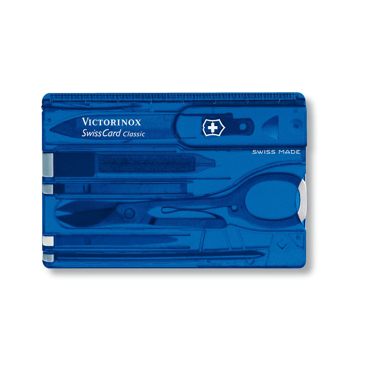 Victorinox Swiss Card Translucent Sapphire in-wallet view highlights compact daily-carry practicality.
