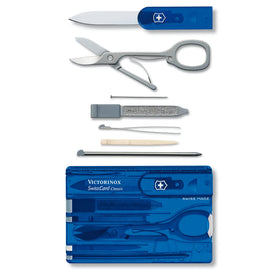 Victorinox Swiss Card translucent sapphire slim design saves space in pockets.